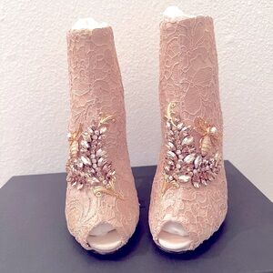 Dolce & Gabbana Opened Toes, Blush Taormina Lace with Crystal Accents Booties